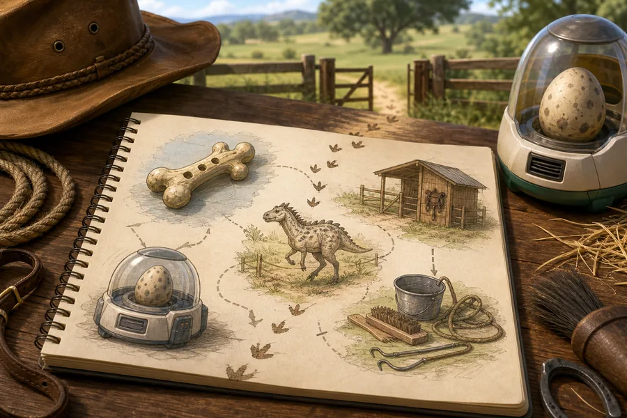 Editorial illustration of Dino discovery clues with ranch tools and footprints