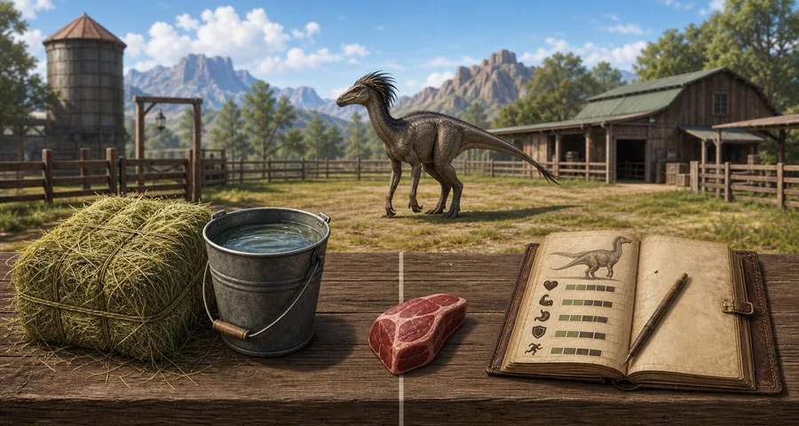 Editorial illustration of Dino feeding, water, and ranch state checks