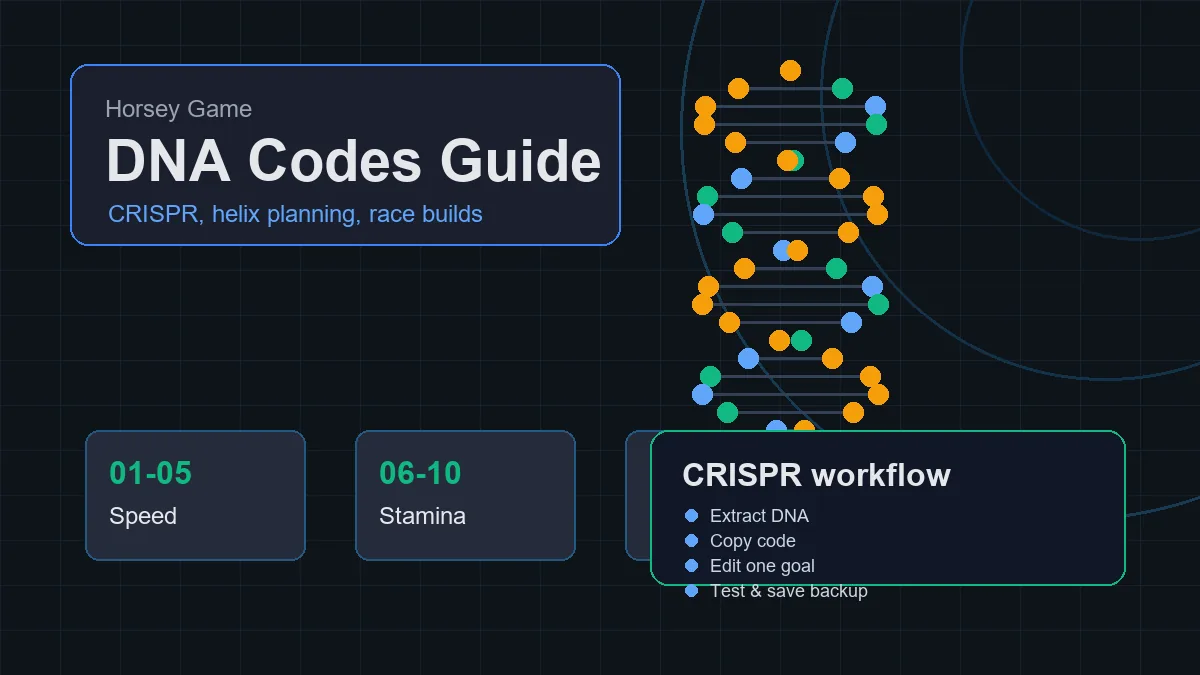 Illustration of Horsey Game DNA codes, CRISPR workflow, and helix build planning