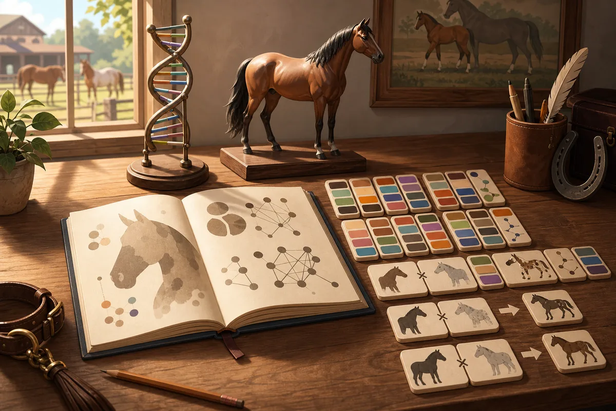 Illustration of a Horsey Game DNA testing workflow with genome tiles and horse build notes
