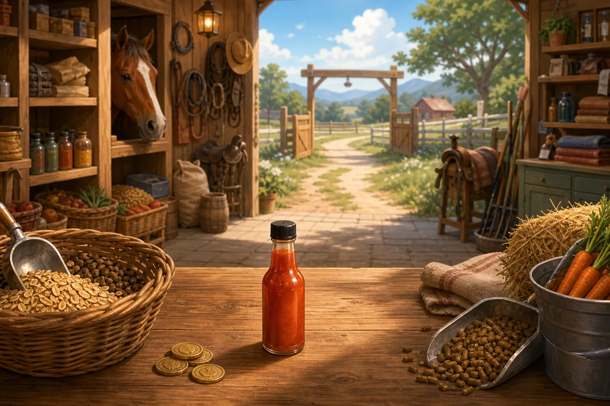 Illustration of a Horsey Game ranch shop route with a hot sauce bottle and stable supplies