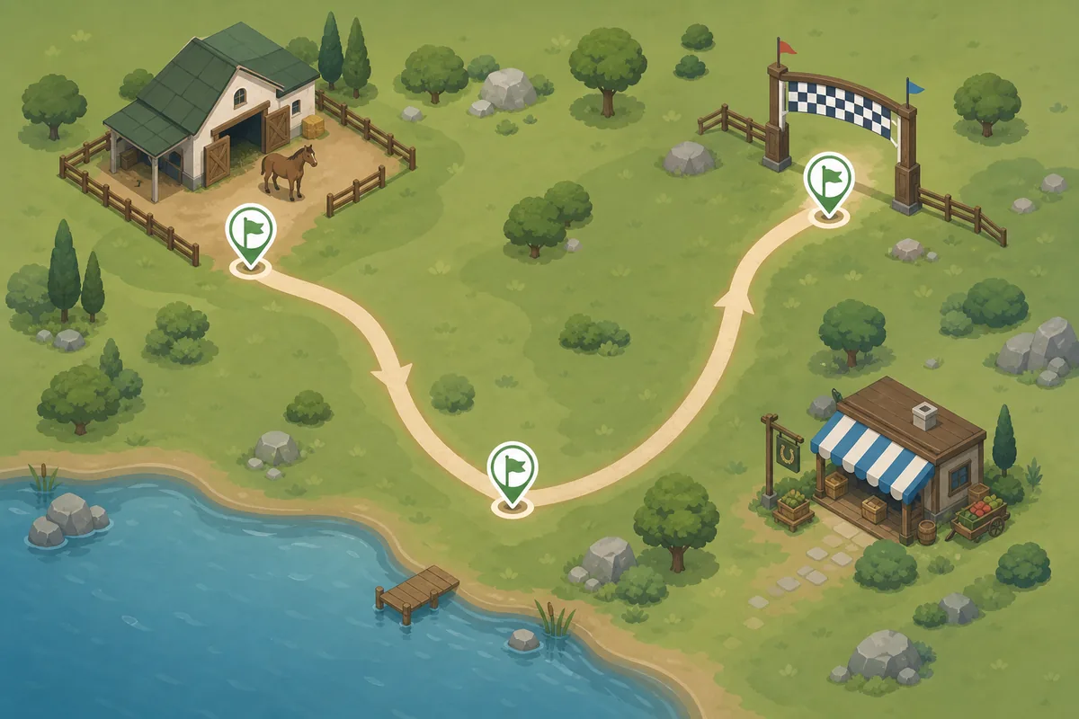 Editorial route illustration showing stable, shop, water, and race checkpoints for Horsey Game map planning