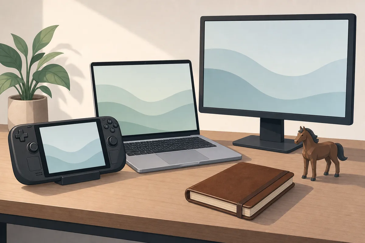 Illustration of Horsey Game platform checks across handheld, laptop, and desktop devices