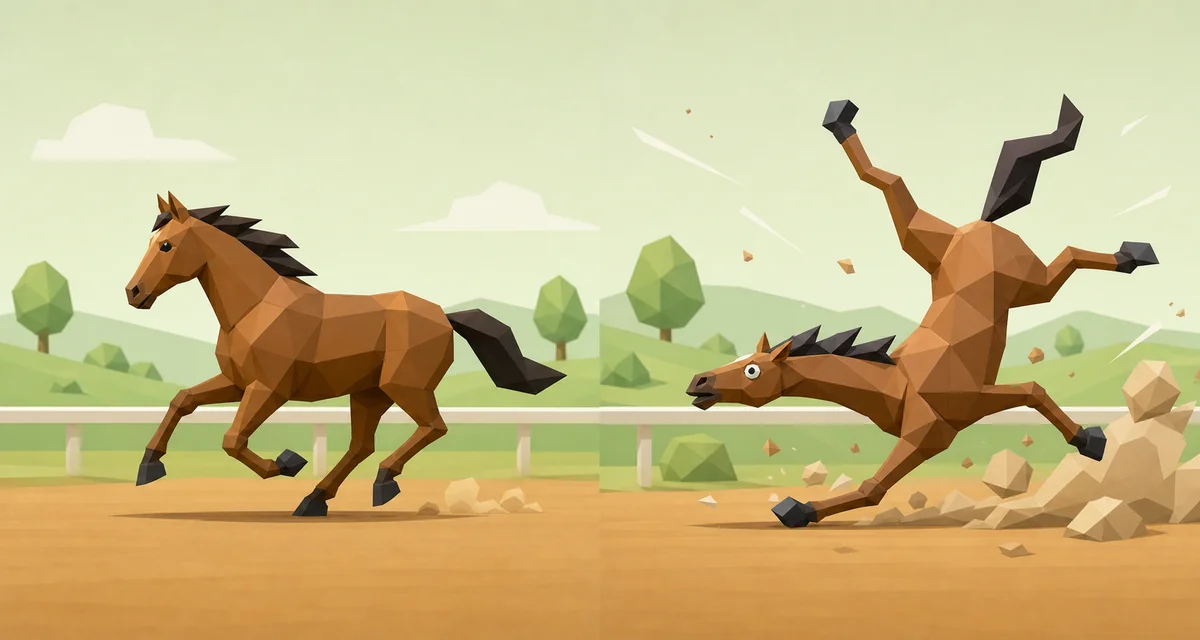 Editorial illustration comparing a controlled racing horse with an unstable fast-looking horse