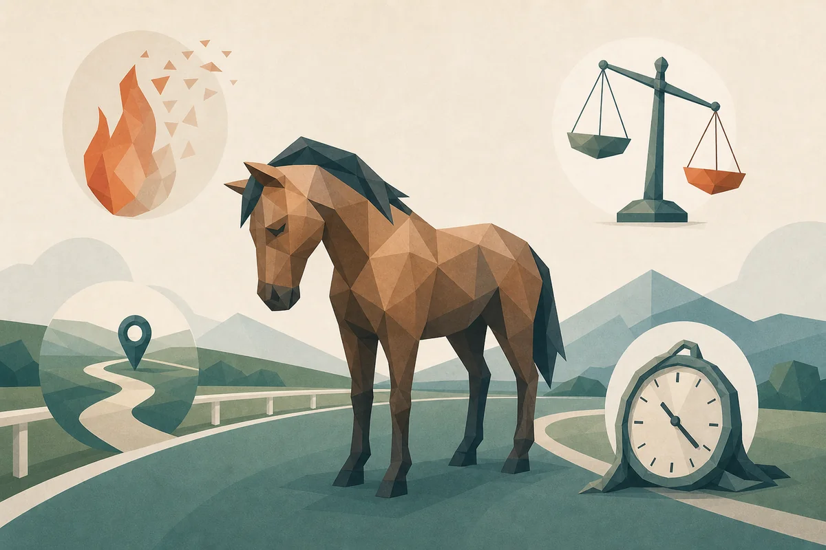 Editorial illustration showing stamina, balance, route, and fatigue clues around a racing horse