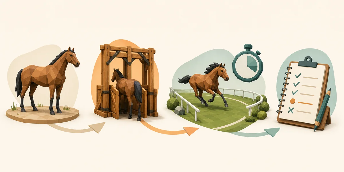 Editorial illustration showing a baseline horse, starting gate, race track, stopwatch, and test notes