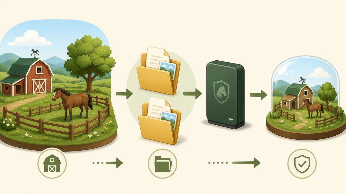 Editorial flow from a Horsey Game ranch baseline to a duplicated save folder and a test ranch