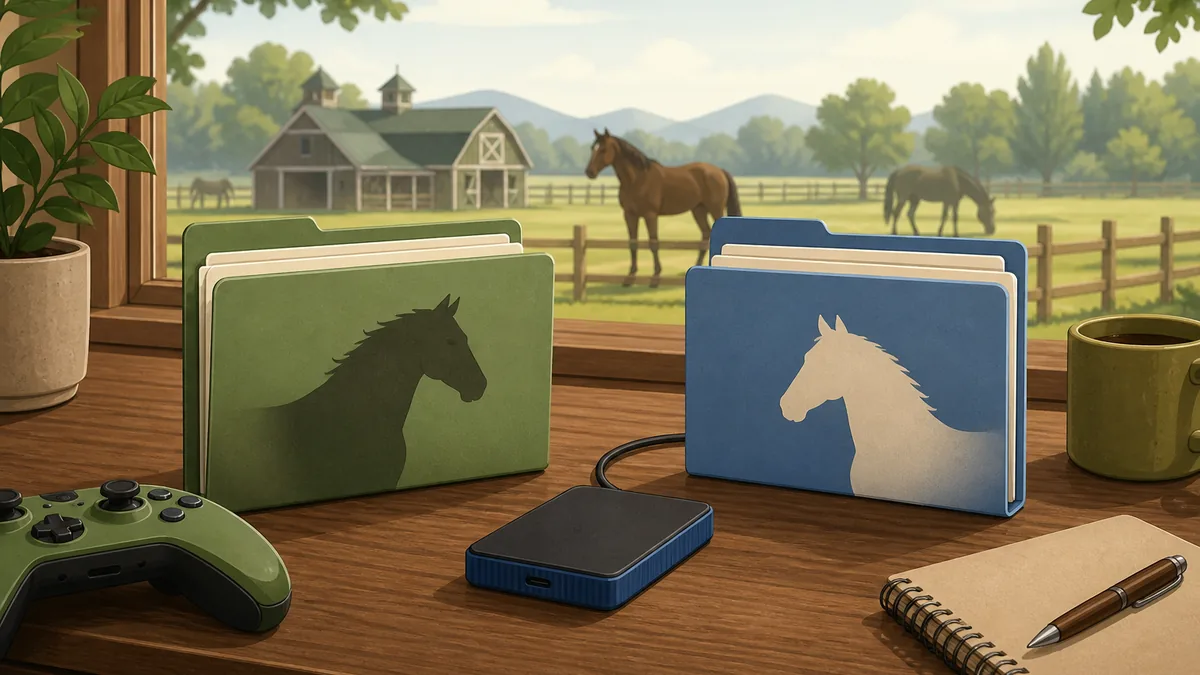 Editorial illustration of two Horsey Game save folders beside a horse ranch and backup drive