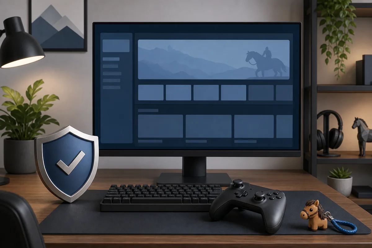 Illustration of a safe Horsey Game Steam download setup with a shield and gaming desk